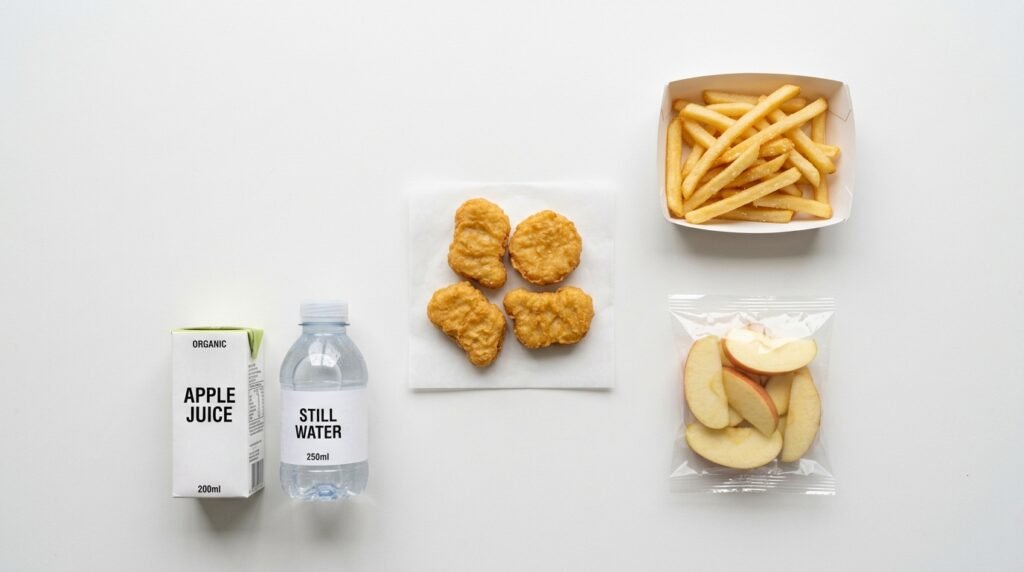 McDonald's Happy Meal Zutaten im Überblick: Chicken McNuggets, Pommes, Apfelscheiben, Wasser und Apfelsaft