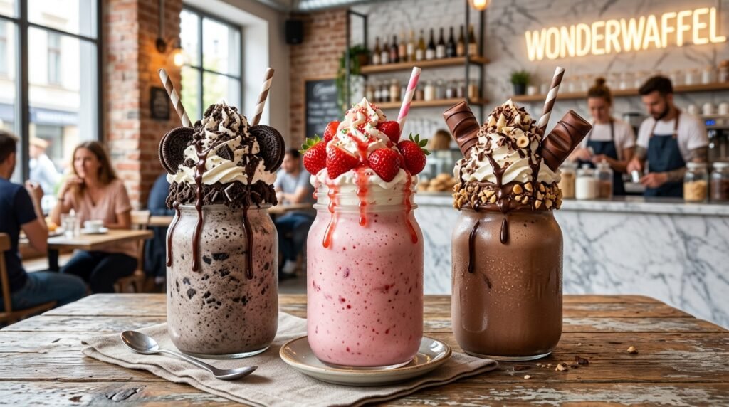 WonderWaffel Milkshakes in drei Sorten: Oreo, Erdbeer und Bueno