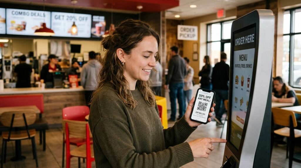 Frau löst einen McDonald's Coupon per App am Bestellterminal ein