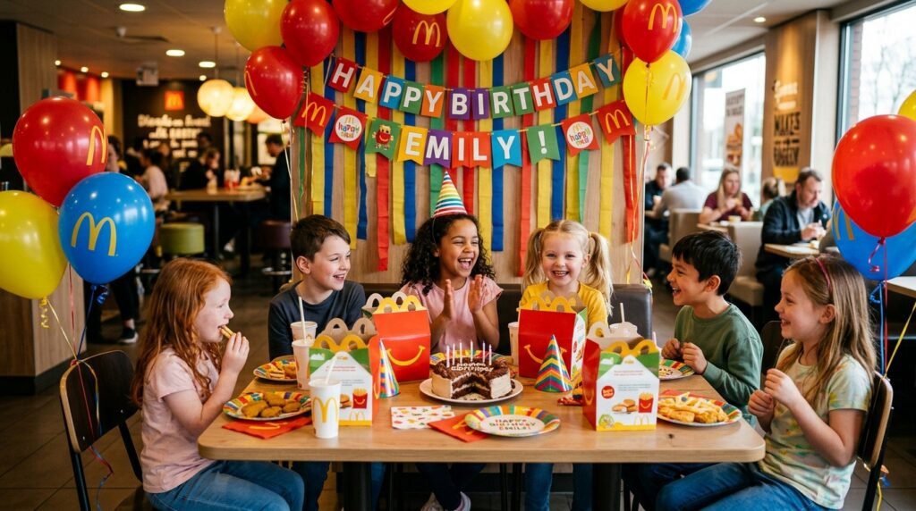 McDonald's Kindergeburtstag mit Happy Meals, Luftballons und lachenden Kindern im Restaurant