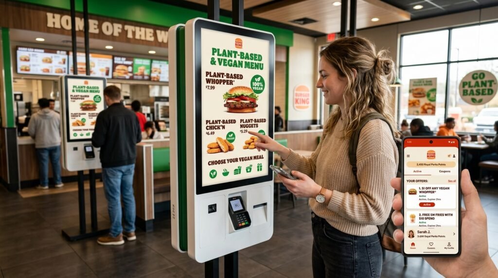 Frau bestellt am Burger King Kiosk-Terminal ein Plant-based Menü und checkt App-Deals