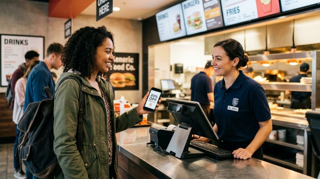 Kunde zeigt einen McDonald's Coupon an der Kasse vor