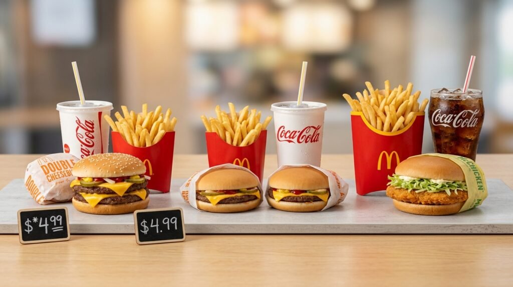 McSmart Menü 2026 – drei Varianten nebeneinander: Double Cheeseburger-Menü ab 4,99 €, zwei Burger-Menü und McChicken-Menü