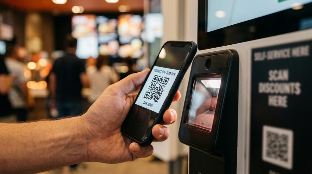 QR-Code eines McDonald's Coupons wird am Bestellterminal gescannt