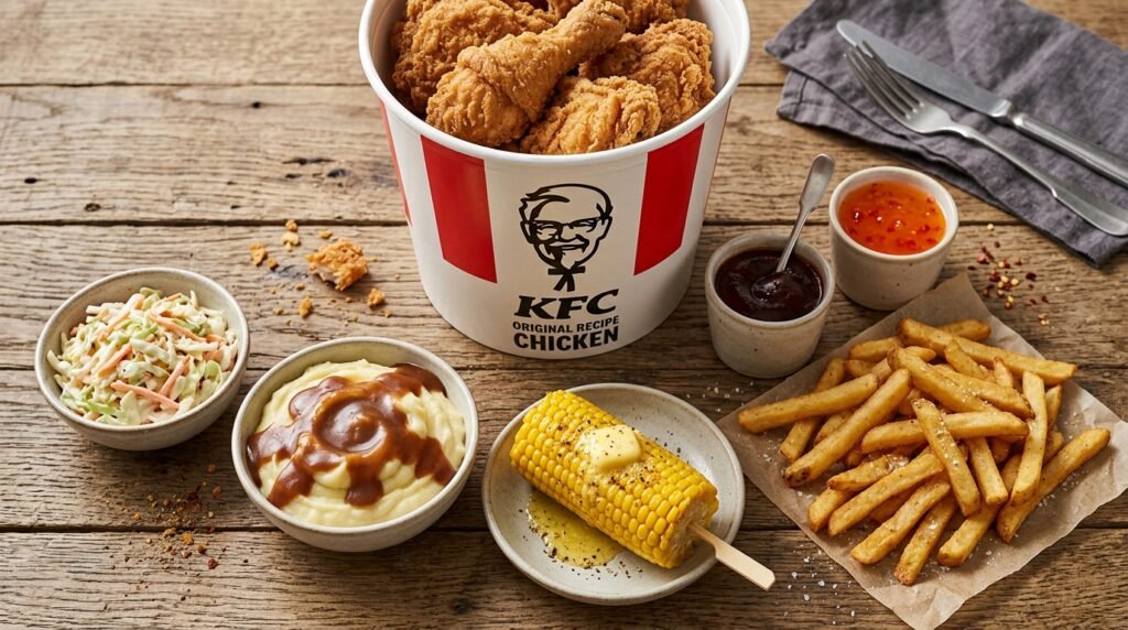KFC Bucket mit Beilagen: Coleslaw, Mashed Potato mit Gravy, Mais, Pommes und Dips