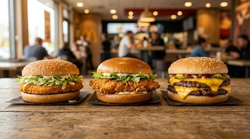 McDonald's Burger & Chicken 2026: McChicken Classic, McCrispy und Double Cheeseburger nebeneinander